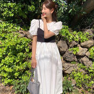 Set: Short-sleeve Dress + Camisole Top Dress - White - One Size / Camisole - Black - One Size