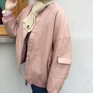 Plain Faux Leather Baseball Jacket