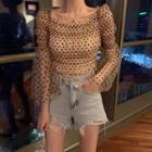 Long-sleeve Tiered Dotted Mesh Crop Top As Shown In Figure - One Size