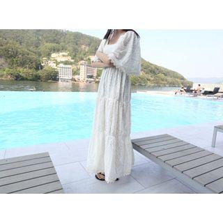 Square-neck Eyelet-lace Tiered Maxi Dress