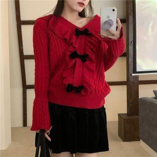 V-neck Bow-accent Ruffled Sweater / Mini A-line Skirt