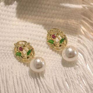 Floral Faux Pearl Drop Earring 1 Pair - Silver Needle - Faux Pearl & Green Leaf - Gold - One Size