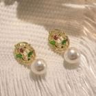 Floral Faux Pearl Drop Earring 1 Pair - Silver Needle - Faux Pearl & Green Leaf - Gold - One Size