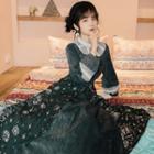 Lantern-sleeve Maxi Embroidered A-line Dress
