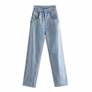 Chain Strap Lace-up High-waist Straight-leg Jeans