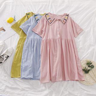 Elbow-sleeve Embroidered Collar A-line Dress