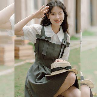 Set: Elbow-sleeve Collar Blouse + Ribbon Mini A-line Overall Dress