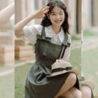 Set: Elbow-sleeve Collar Blouse + Ribbon Mini A-line Overall Dress