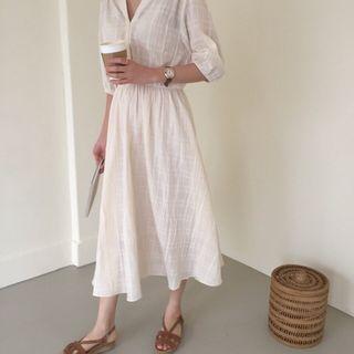 3/4 Sleeve V-neck Plain Midi Dress