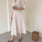 3/4 Sleeve V-neck Plain Midi Dress