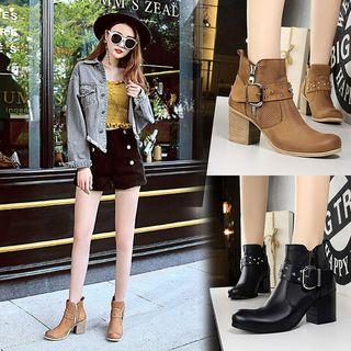 Faux Leather Perforated Panel Chunky Heel Buckled Short Boots
