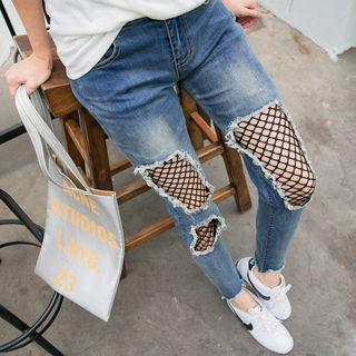 Slim-fit Fishnet Inset Distressed Jeans
