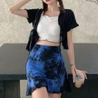 Off-shoulder Ribbed T-shirt / Short-sleeve Cardigan / Tie-dyed A-line Skirt