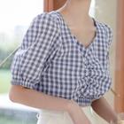 Puff-sleeve Checked Crop Top Check - Blue - One Size