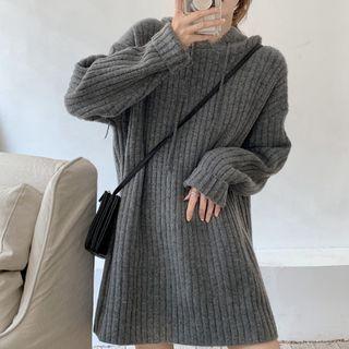 Plain Ribbed Knit Mini Hoodie Dress