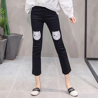 Embroidered Cat Cropped Skinny Pants