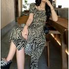 Puff-sleeve Zebra Print Mini Sheath Dress / Midi A-line Dress