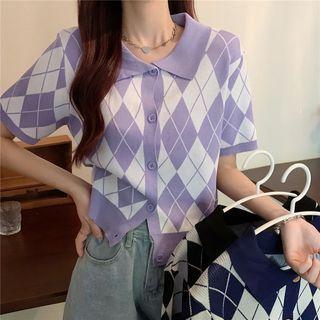 Short-sleeve Collar Argyle Cardigan