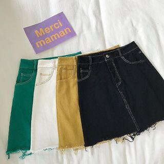 Plain Frayed High-waist A-line Denim Skirt