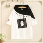 Cartoon Print Contrast Color Hooded Short-sleeve T-shirt