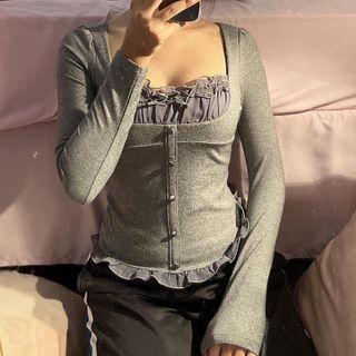 Long-sleeve Square-neck Ruffled Fitted Top
