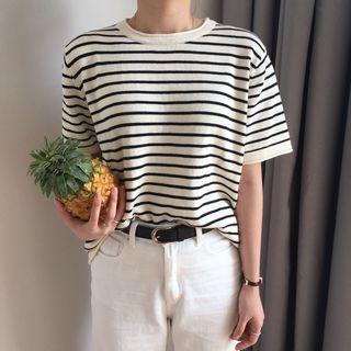 Short-sleeve Striped Knit Top Stripe - One Size