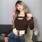 Off-shoulder Halter Two-tone Crop Knit Top