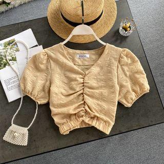 V-neck Puff-sleeve Ruched Chiffon Top