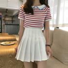 Striped Short-sleeve Top / Pleated Skirt