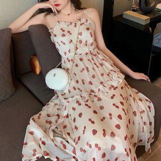 Spaghetti-strap Strawberry Print Midi A-line Dress
