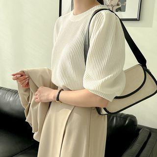 Plus Size Puff-sleeve Ribbed T-shirt