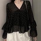 Long-sleeve V-neck Cropped Dotted Chiffon Top
