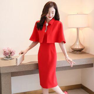 Set: Sleeveless Midi Sheath Dress + Faux Pearl Capelet