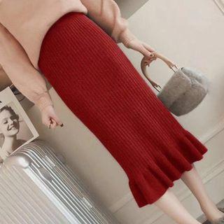 Ribbed Knit Midi Mermaid Pencil Skirt