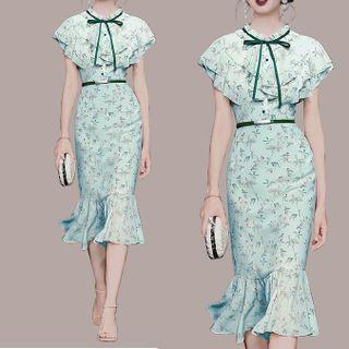Short-sleeve Flower Print Ruffle Midi Sheath Dress