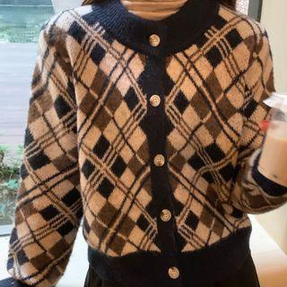 Argyle Cardigan Black & Khaki & Almond - One Size