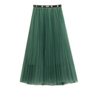 High-waist Plain Mesh Pleated Maxi Skirt