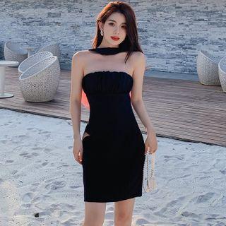 Halter-neck Bow Back Mini Sheath Dress