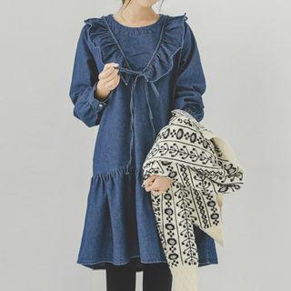 Frilled Long-sleeve Denim Dress