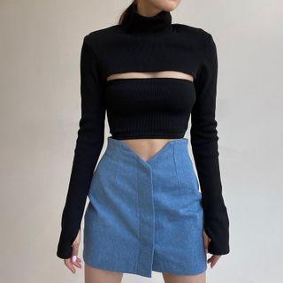 Set: Strapless Top + Mock-neck Knit Shrug