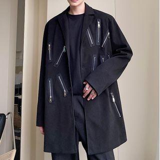 Zip Detail Button-up Long Coat