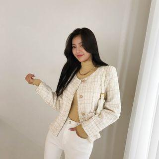 Buttoned Fringed Tweed Jacket Beige - One Size