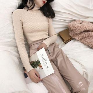 Turtleneck Plain Rib Knit Top