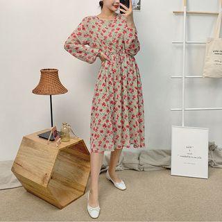 Drawcord-waist Floral Long Dress