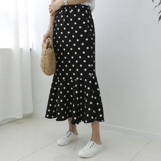 Band-waist Polka-dotted Mermaid Skirt Black - One Size