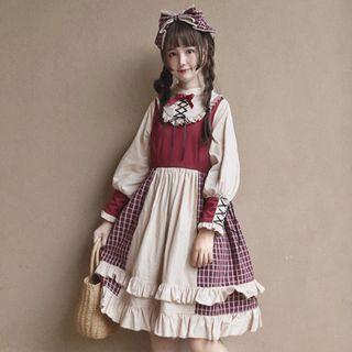 Long-sleeve Plaid Lolita Dress / Bow Headband / Set