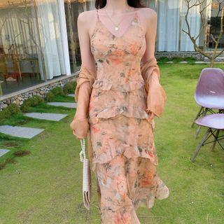 Spaghetti Strap Printed Midi A-line Dress / Chiffon Jacket