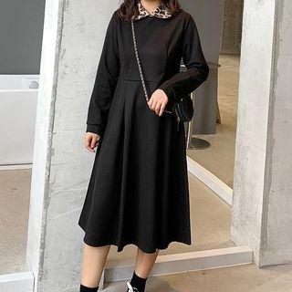 Leopard Print Collar Long-sleeve Midi A-line Dress