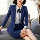 Set: Peak-lapel Blazer + V-neck Vest + Pencil Skirt + Dress Pants + Contrast Trim Shirt