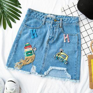 Cartoon Embroidered Denim Skirt